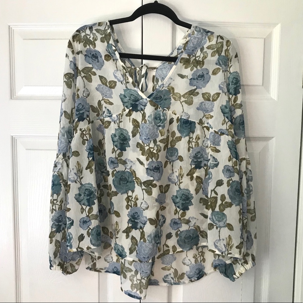 Blue and Cream Floral Blouse Shirt
